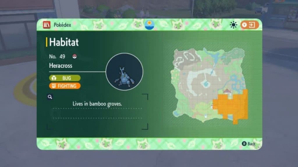 Pokémon máscara escarlata y violeta verde azulado dlc hábitat de heracross en el mapa de la isla kitakami