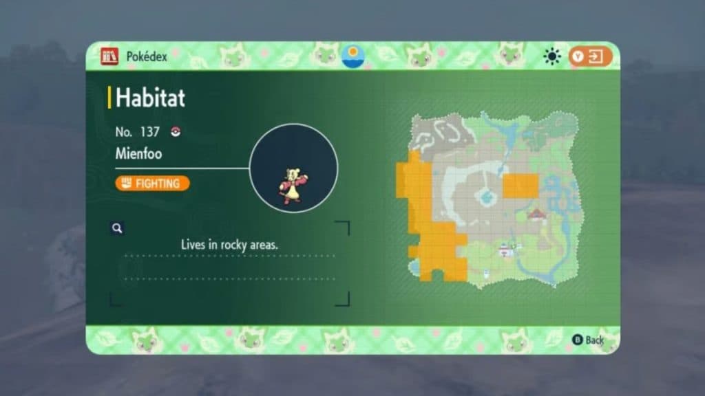 Pokémon máscara escarlata y violeta verde azulado especies dlc ubicación mienfoo en el mapa de kitakami