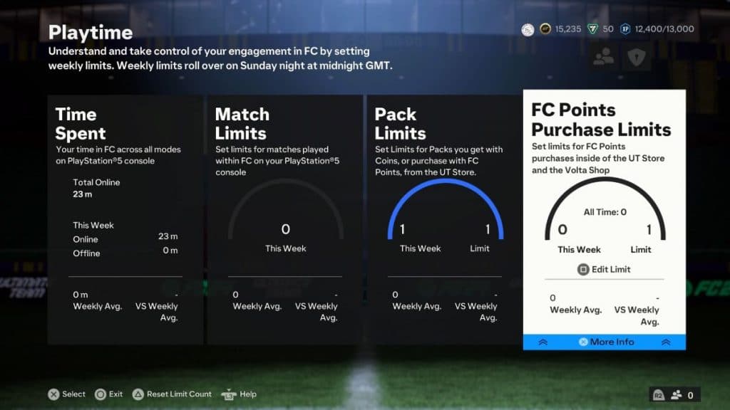 Menú de límites de gasto de EA FC 24 Ultimate Team