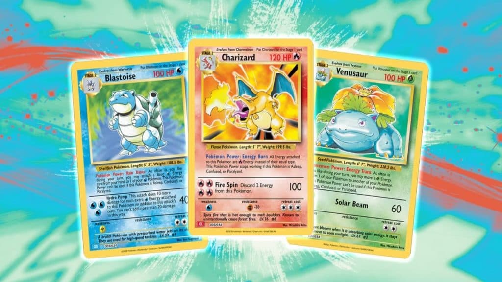 cartas clásicas de pokemon tcg de blastoise, charizard y venusaur