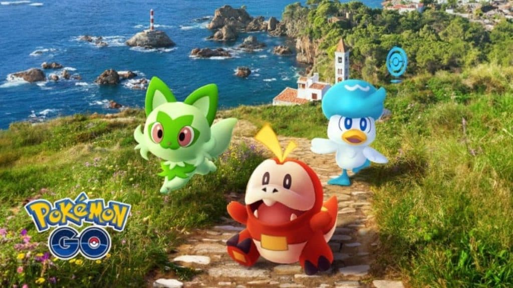 imagen de pokemon go sprigatito, fuecoco y quaxly de la imagen promocional de la temporada te aventuras abundan