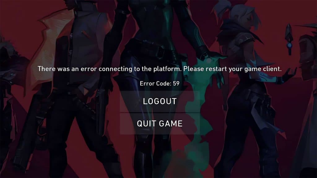 Pantalla del Código de error 59 en Valorant.