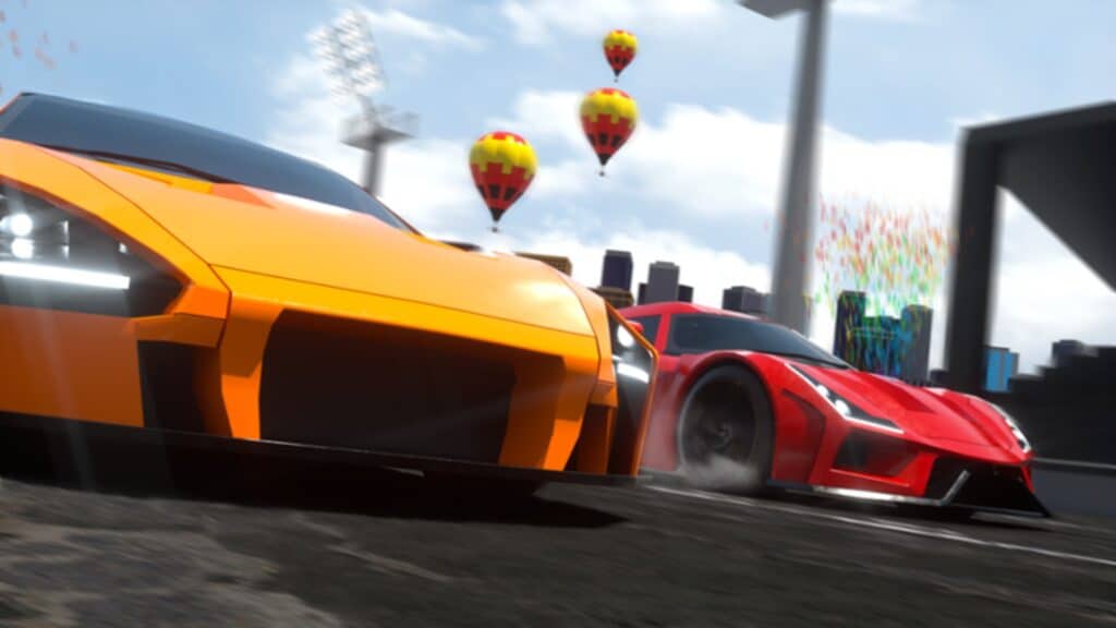 Un auto rojo y amarillo corriendo en Roblox Vehicle Legends