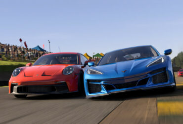 Blue and red cars touch and go while racing in Forza Motorsport