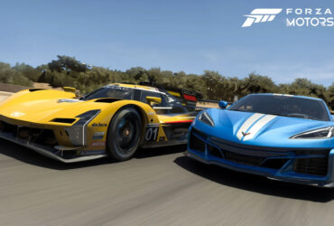 A Cadillac and a Corvette racing in Forza Motorsport