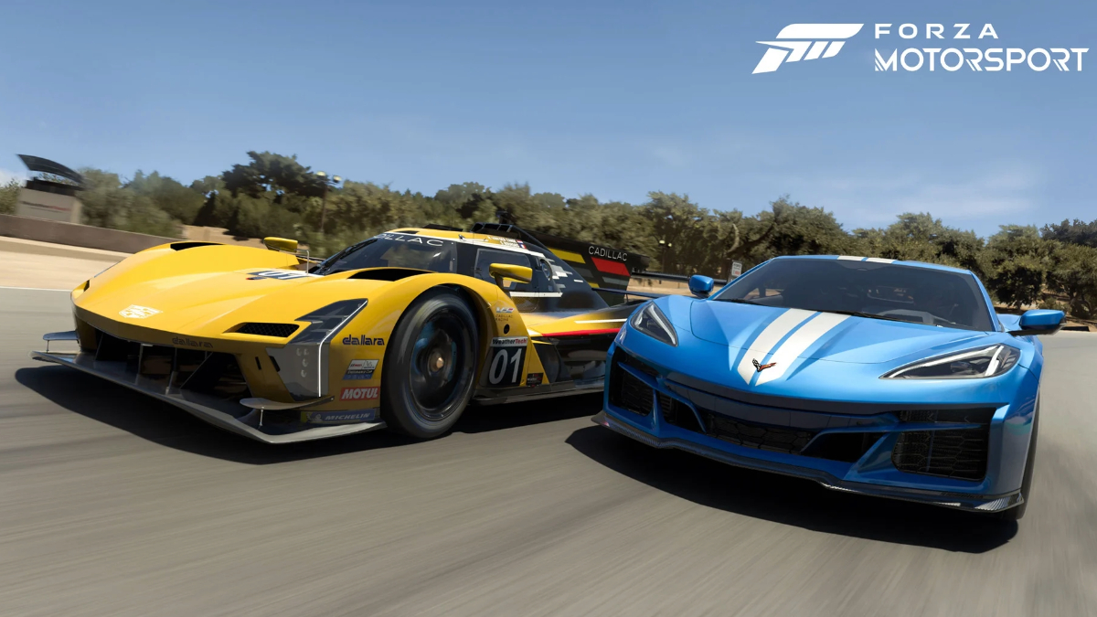 A Cadillac and a Corvette racing in Forza Motorsport