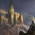 Key art of Basim on a horse looking at the Alamut Castle in Assassin