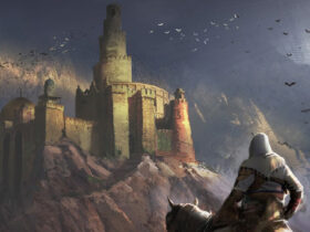 Key art of Basim on a horse looking at the Alamut Castle in Assassin