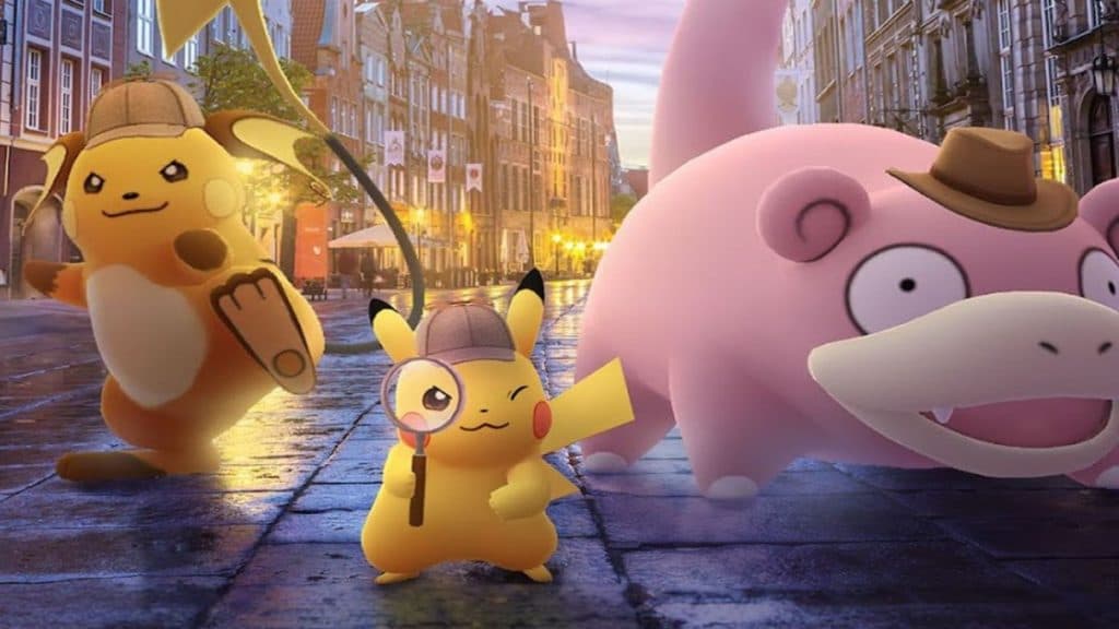 Especies del evento Pokémon Go Detective Pikachu, Raichu y Slowpoke en una imagen promocional