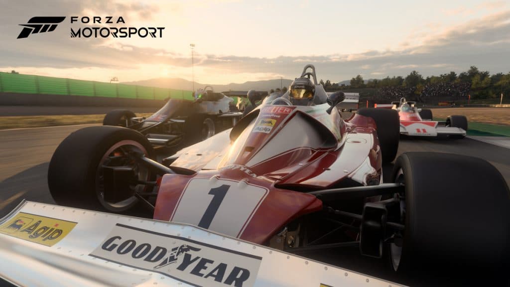 Vista frontal del coche de carreras profesional en Forza Motorsport