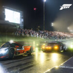 Two cars racing at night in Forza Motorsport