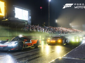 Two cars racing at night in Forza Motorsport