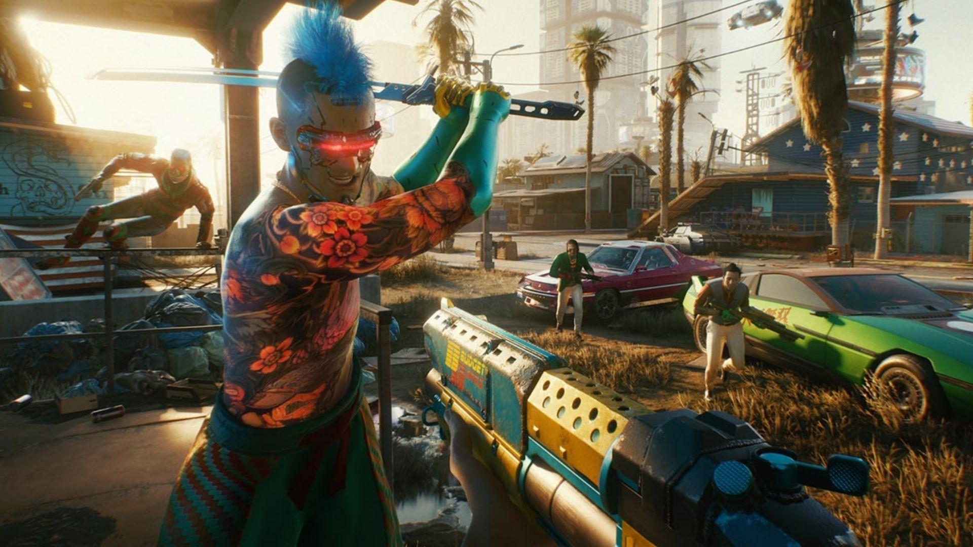 Enemigos atacando en Cyberpunk 2077.