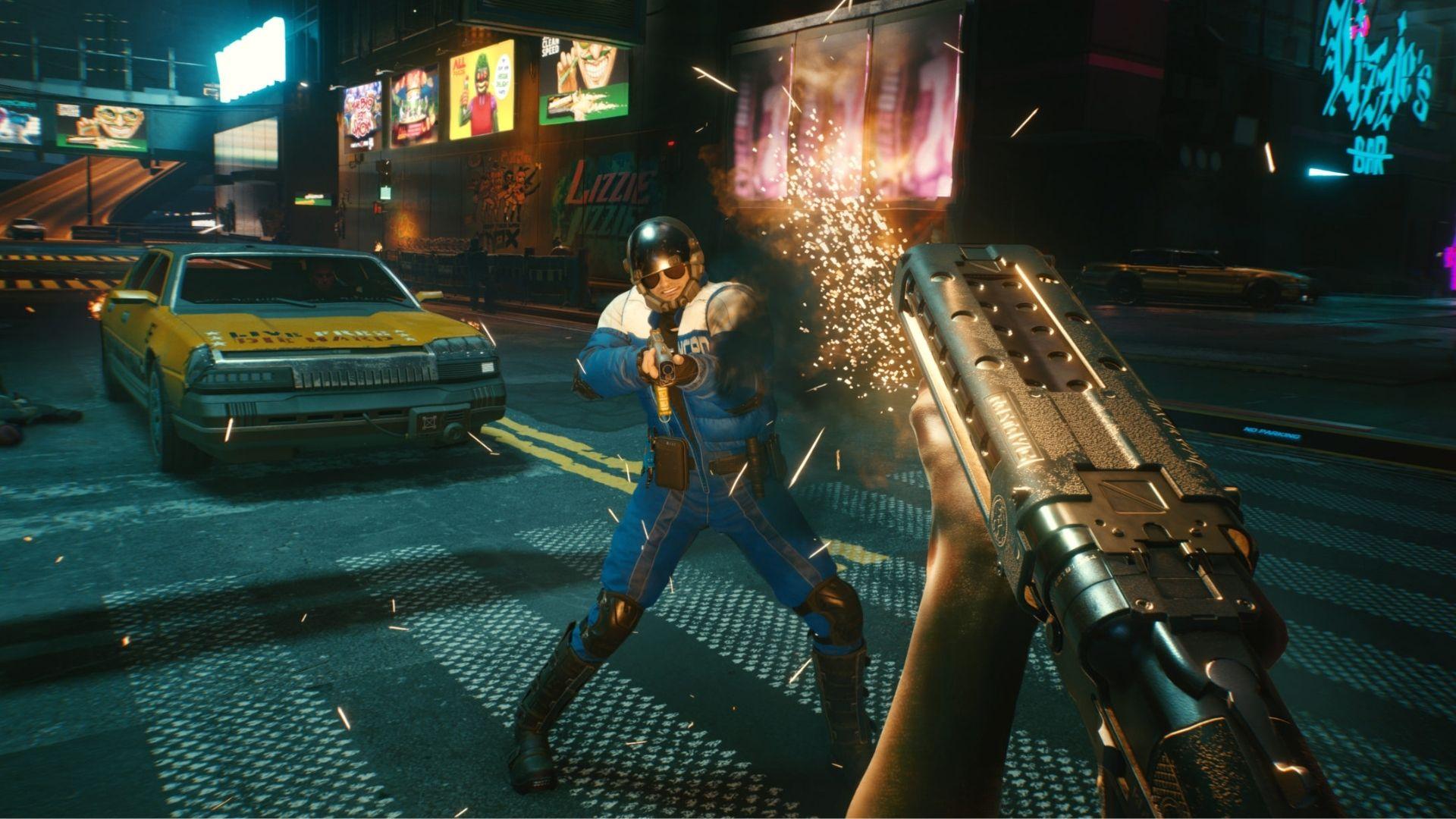 Jugador disparando a un NPC en Cyberpunk 2077.