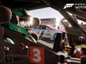 A cockpit view of car in Forza Motorsport