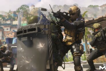 Modern Warfare 3 characters shooting and hiding behind a Riot shield in the reveal posted for the new title