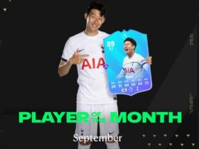 Heung-Min Son holding EA FC 24 POTM card