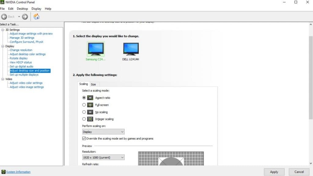 Configuración del Panel de control de Nvidia con opciones de modo de escala