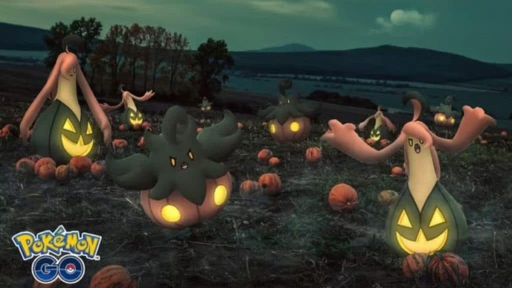 Imagen de la hora destacada de Pokémon Go que muestra a Pumpkaboo y su evolución gourgeist