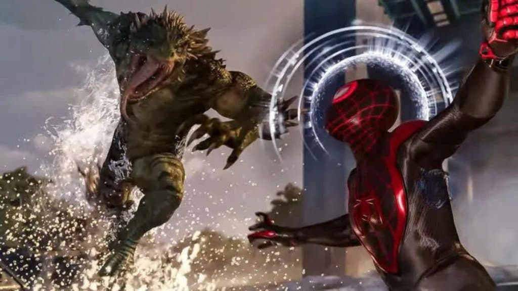 Lagarto luchando contra Miles en Spider-Man 2