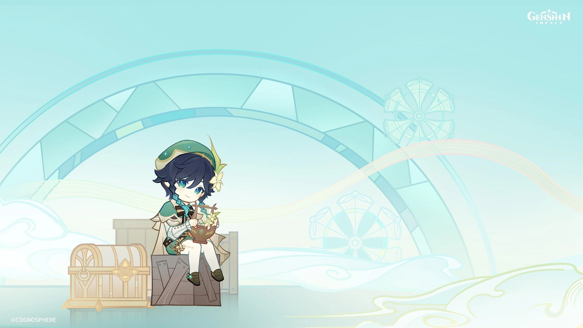 Venti chibi art where he is playing lyre in Genshin Impact