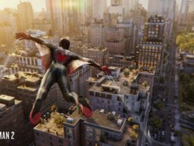 Spider-Man flying over the city in the release poster for Marvel