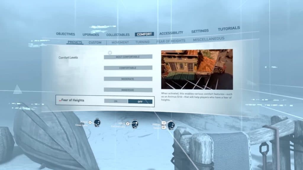 Configuración del menú de comodidad en Assassin's Creed Nexus