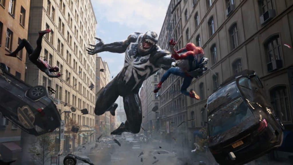 Venom y Peter Parker peleando en Nueva York