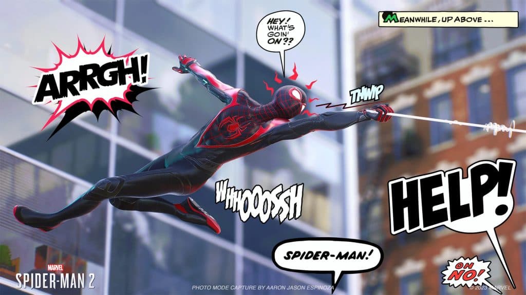 Miles Morales con varios stickers en el modo Sticker en Marvel's Spider-Man 2.