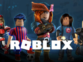 Roblox logo with various Roblox characters standing in the background.