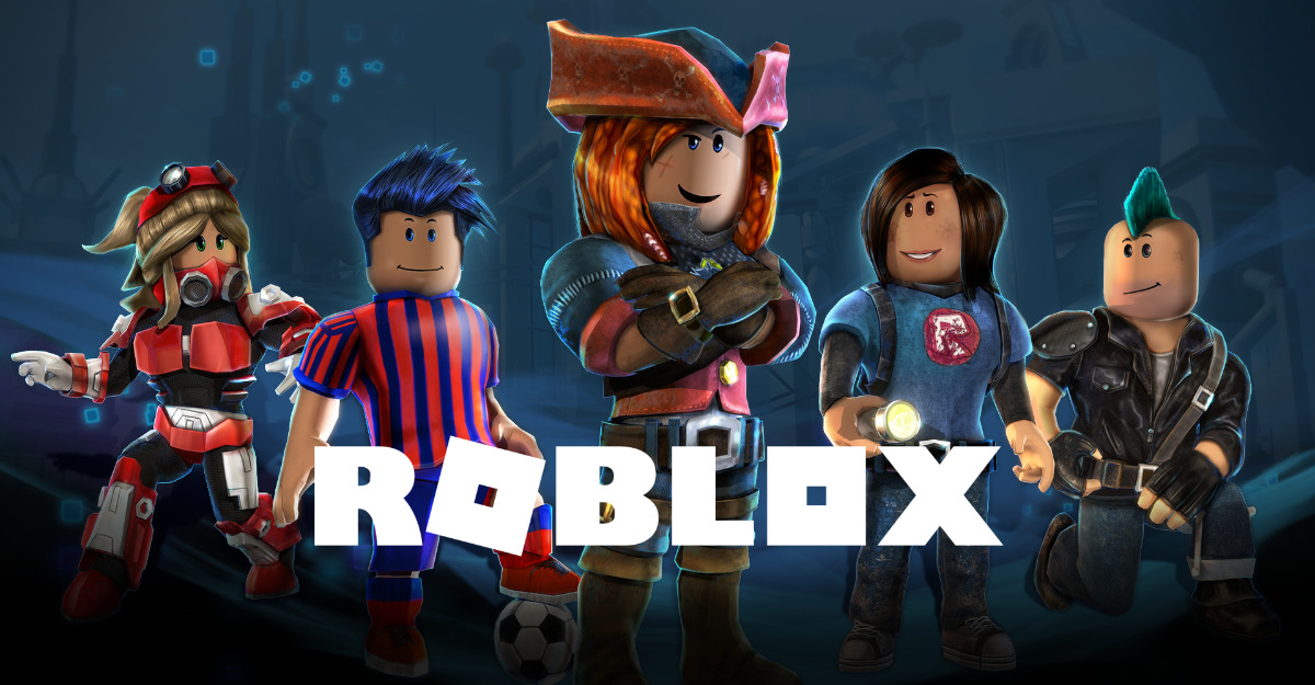 Roblox logo with various Roblox characters standing in the background.