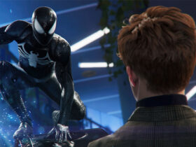 Peter Parker in the Symbiote suit in front of harry