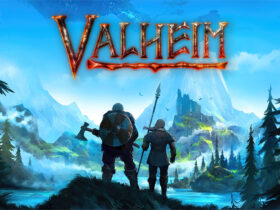 Valheim thumbnail featuring two characters looking at a lake with the game