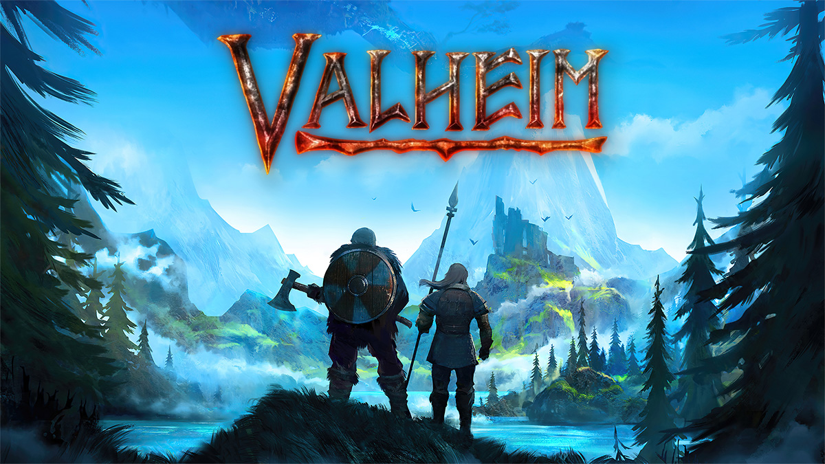 Valheim thumbnail featuring two characters looking at a lake with the game