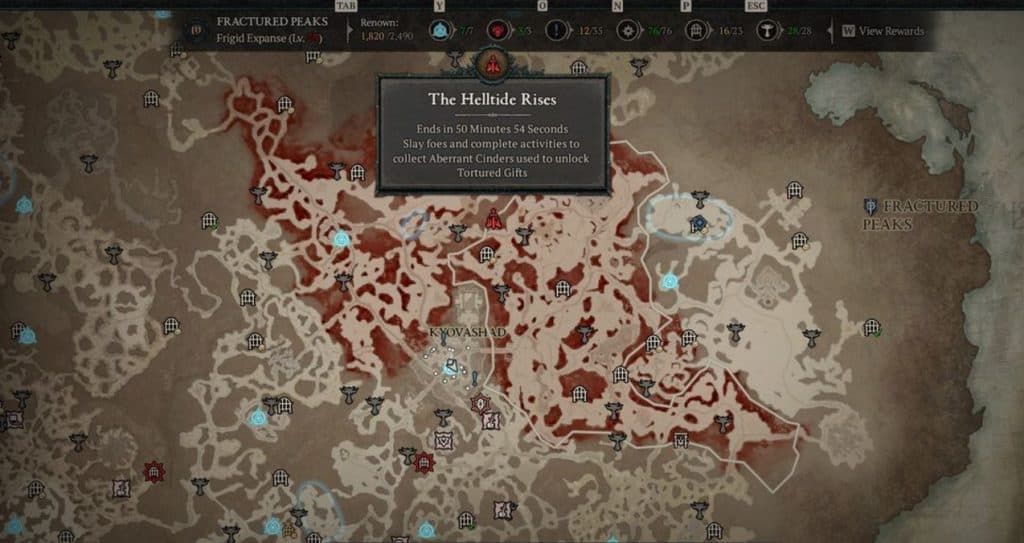 Mapa de Diablo 4 que marca un evento Helltide