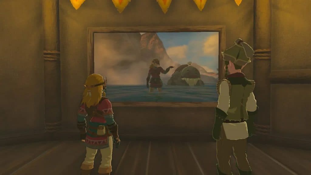 Link en Zelda Tears of the Kingdom mirando el tablero de Woodland Stable.