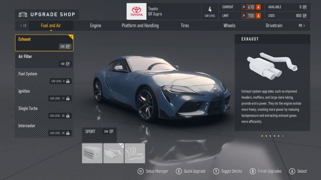 Menú de actualización de Forza Motorsport
