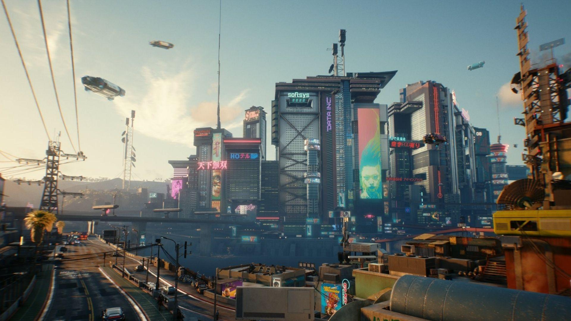 Vista de la Ciudad Nocturna en Cyberpunk 2077.