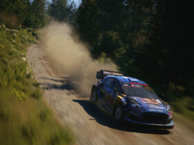 Car hurtling and leaving a trail of dust behind in EA Sports WRC