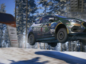 Car flying in a snow track in EA Sports WRC