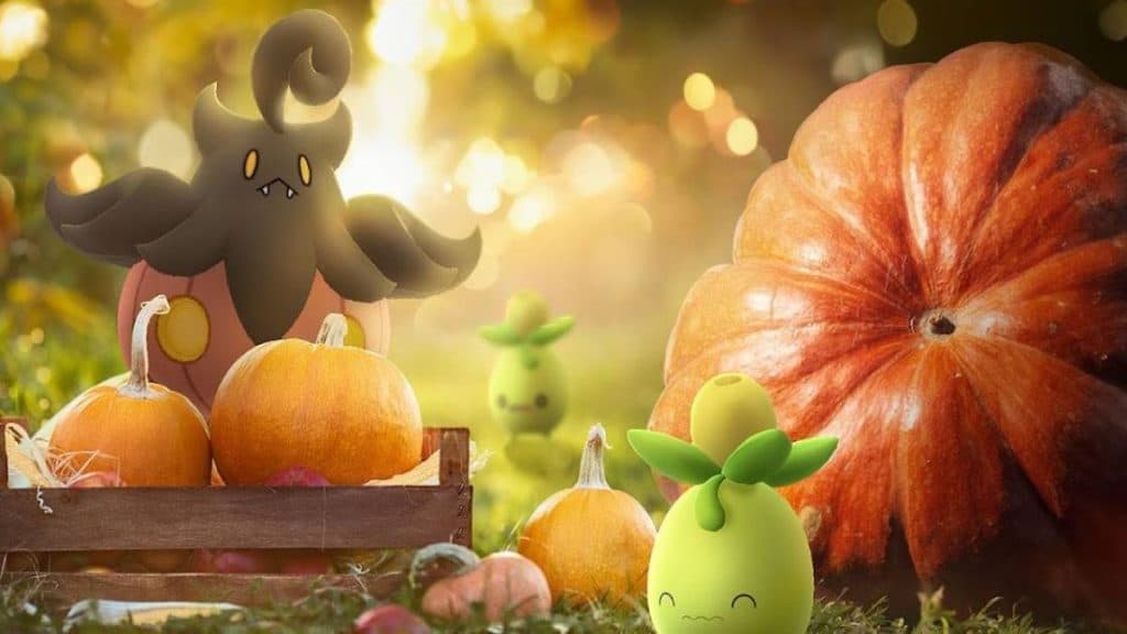 imagen promocional de pokemon go pumpkaboo y smoliv del evento del festival de la cosecha