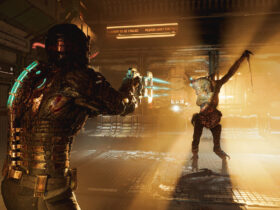 Dead Space main character pointing gun at an alien