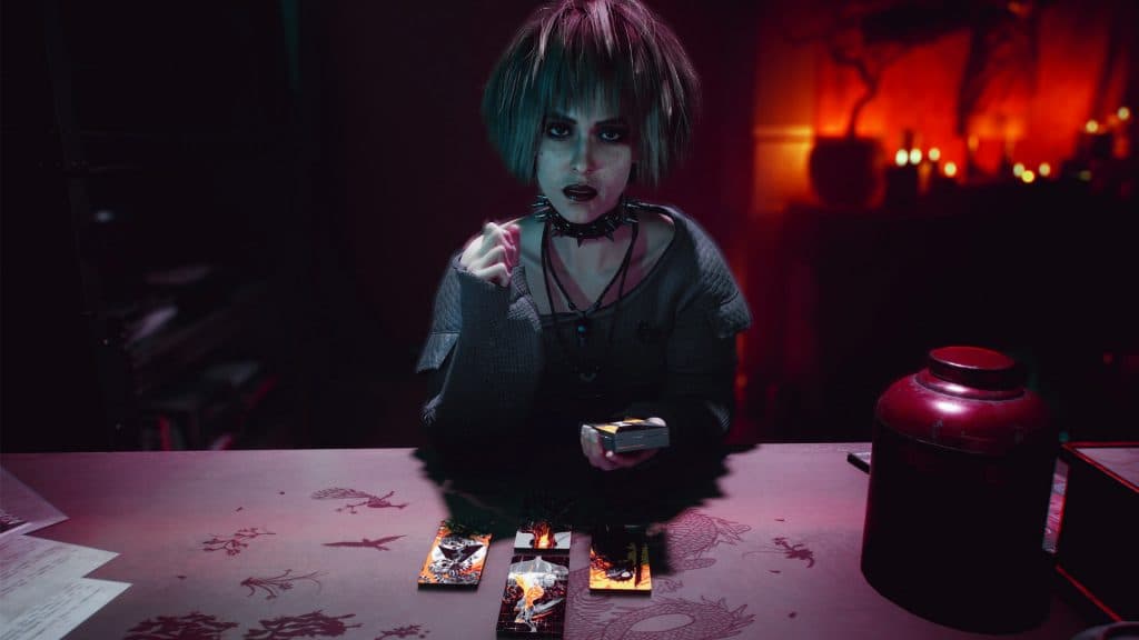 Misty leyendo cartas del Tarot en Cyberpunk 2077 Phantom Liberty.