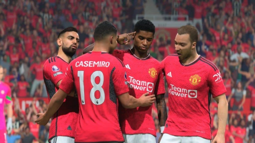 Marcus Rashford celebrando en el modo Carrera de EA FC 24