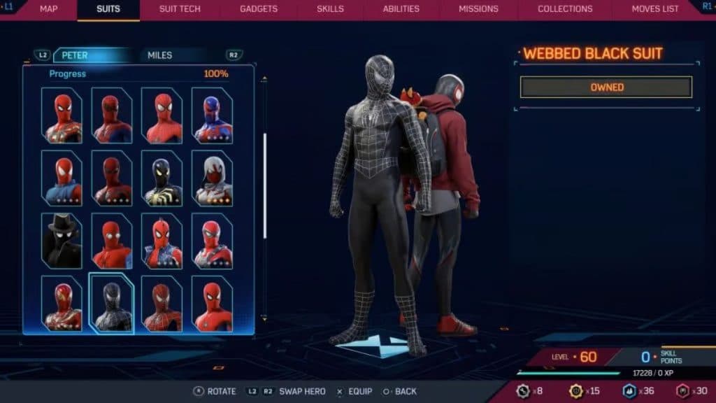 Traje negro palmeado de Sam Raimi en el menú de selección de trajes en Spider-Man 2