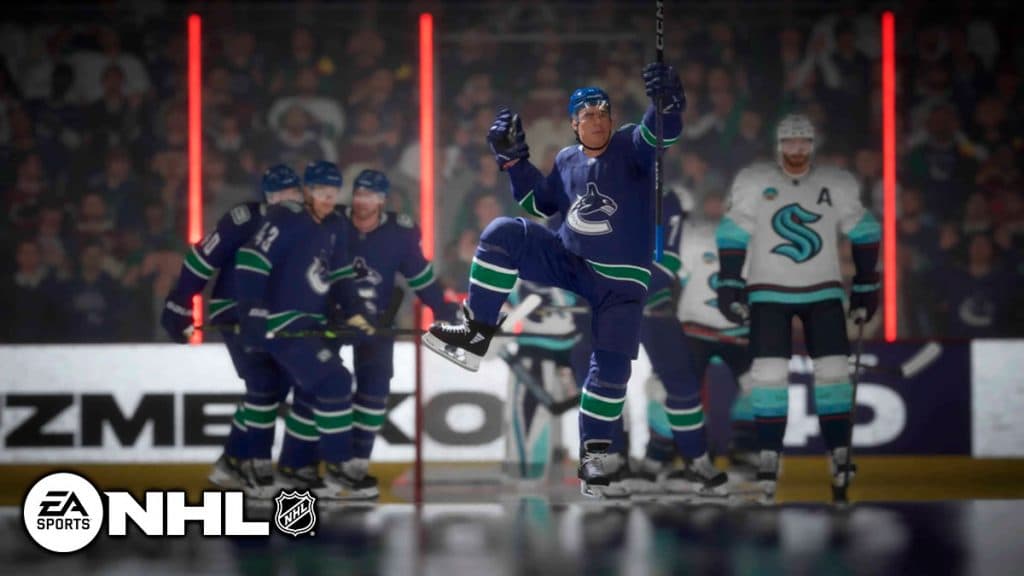 Jugador de los Vancouver Canucks celebrando la NHL 24