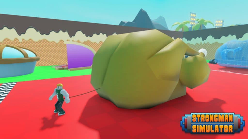 Un jugador tirando de un pollo gigante en Roblox Strongman Simulator.