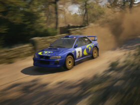 A car hurtling and leaving a trail of dirt behind in EA Sports WRC