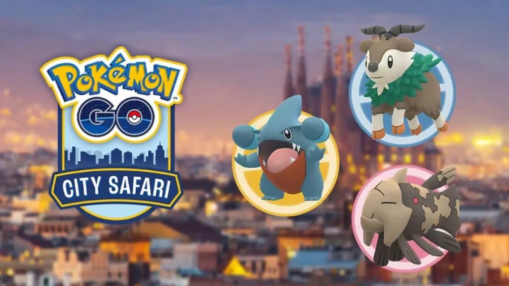 Imagen promocional del evento Pokémon Go City Safari 2023 con Skiddo, Gible y Relicanth