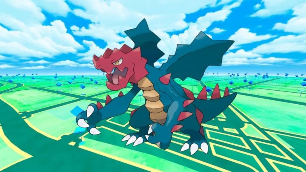 Druddigon pokemon go imagen promocional con fondo del juego